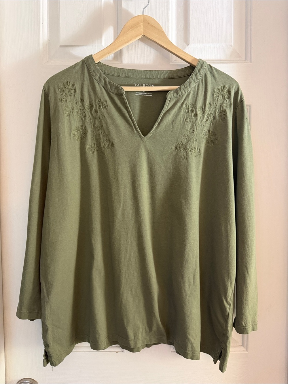 Talbots Olive Green Embroidered Split-Neck Long Sleeve top XL